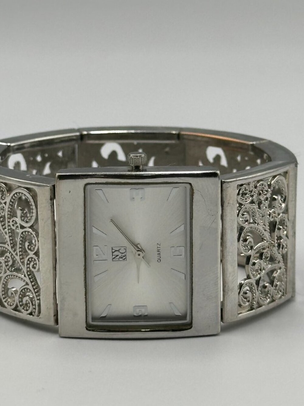 3/$30 New York & Company Watch Women Silver Swirl Filigree Stretch Band 6.75"